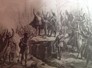 Leaders of Uri, Schwyz and Unterwalden pledging alliance to a new Swiss Confederation, August 1, 1291 Illustration from Tableaux d'Histoire Suisse, Charles Jauslin 